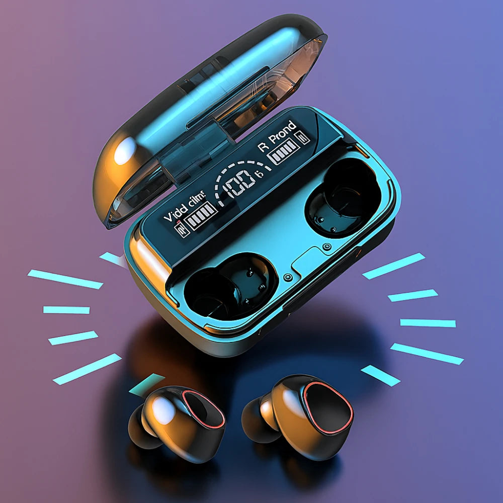 Fone de Ouvido Bluetooth 5.1 com Case Digital LED – À Prova d’Água, Bateria de Longa Duração e Toque Inteligente