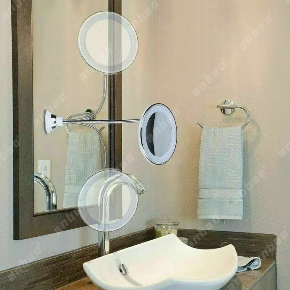 Espelho de Maquiagem com LED e Aumento 10X – Base Flexível 360º