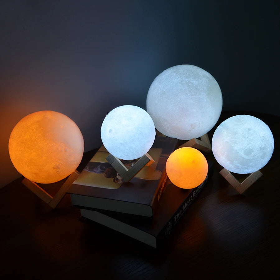 Luminária 3D Estrela e Lua – Colorida, Recarregável, Touch, LED