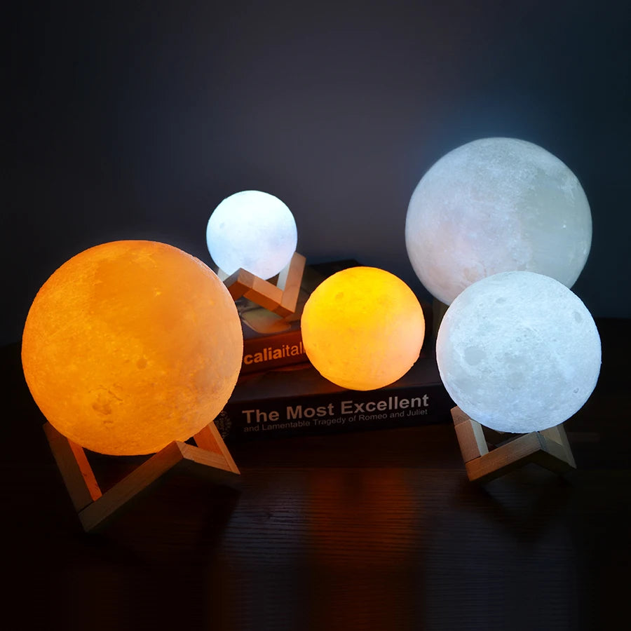 Luminária 3D Estrela e Lua – Colorida, Recarregável, Touch, LED