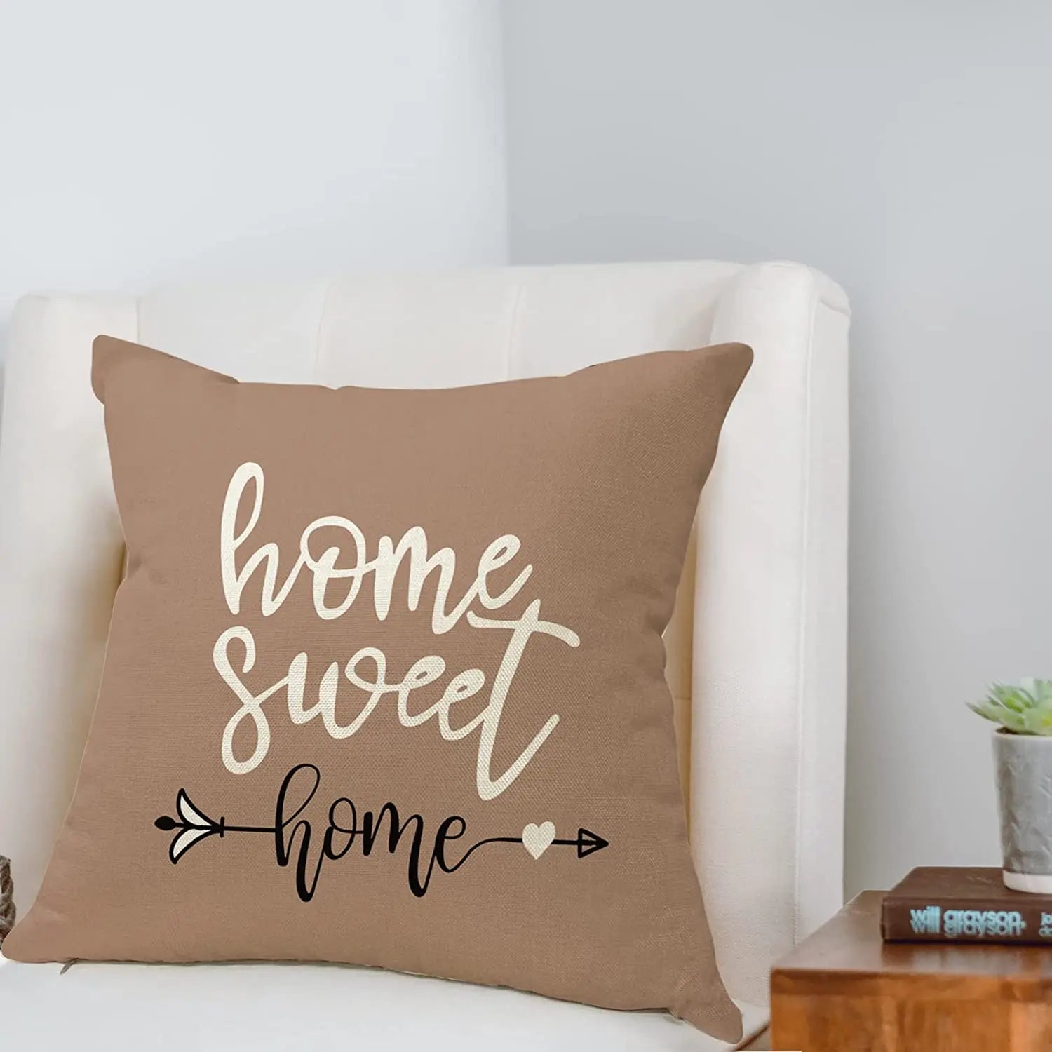 Capa de Almofada em Linho Marrom com Estampa Geométrica